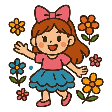 girly girl wearing a bow and frilly skirt, smiling, surrounded by flowers, vibrant toon style sticker