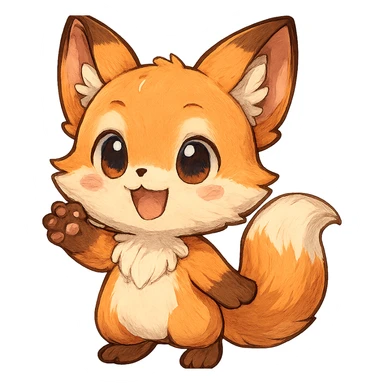 chibi anime style fox character, cheerful, waving hello, cute, colorful, detailed sticker