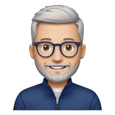 Man with light skin, high fade haircut (extremely short gradient from sides to top), short peppered gray beard, large black-framed glasses, smiling face, navy blue zip-front sweatshirt with long sleeves sticker