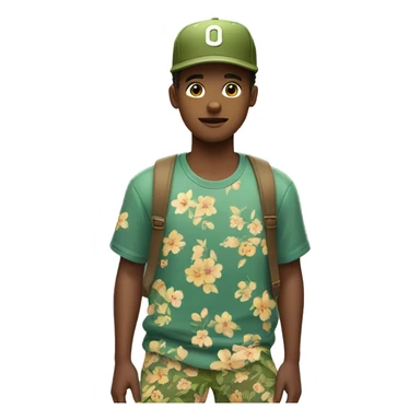 young man in floral pants and olive baseball hat sticker