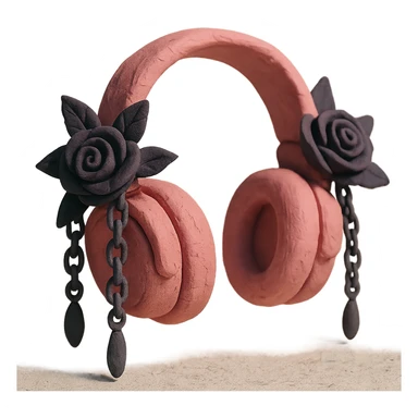 pink gothic headphones with dark roses and dangling chains in claymation style sticker