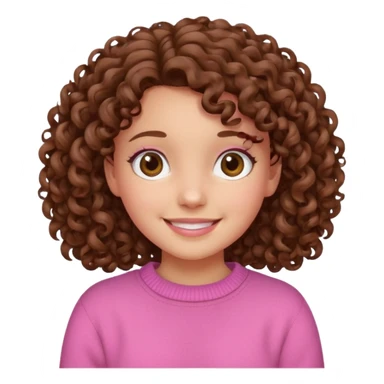 girl with curly brown hair and pink jumper, smiling sticker