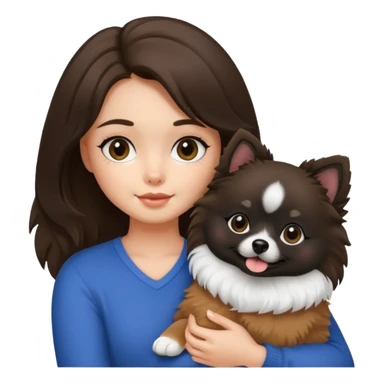 A brunette girl holding a Pomeranian dog who has black face but in the middle it’s white line sticker