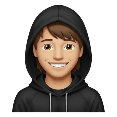 20 yr old man, brown hair, straight, big smile, white teeth, tanned skin, bangs, black hooded sweatshirt, long hair in back, center-parted bangs sticker
