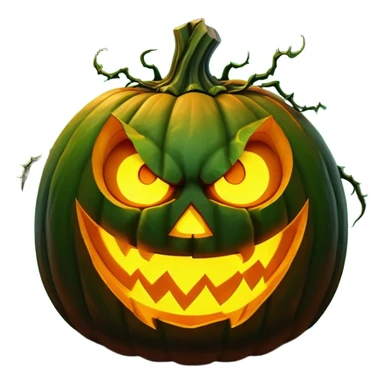 Create an emoji of a carved pumpkin with glowing eyes and a wicked grin. The pumpkin should be glowing from the inside, with shadows creeping out. Make the pumpkin look ominous and menacing, with green tendrils wrapping around it. The face of the pumpkin should appear evil, with exaggerated jagged teeth, and there should be dark smoke rising from its top. sticker