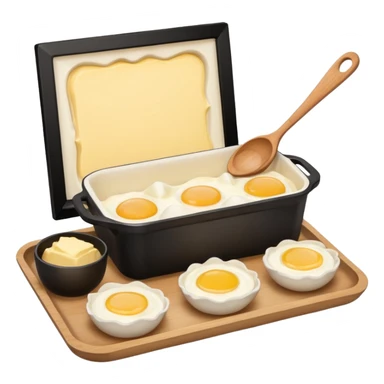A carton of eggs, butter and a cream ceramic baking bowl with a wooden spoon in it sticker