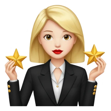 red lipstick, black blazer, holding a star sticker