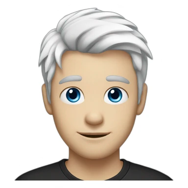 A young man with a white hair and blue eyes, with a black t-shirt sticker