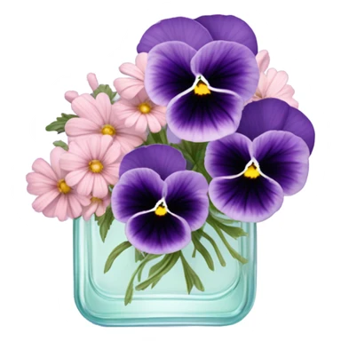 composition of aesthetically pleasing purple pansies, pastel pink daisies and a rosy vintage-style perfume bottle sticker