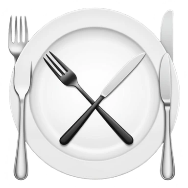 Minimalistic flat vector icon, iOS style, thin black contour on white background. Fork and knife crossed on a plate. Clean, no text, no shadows sticker