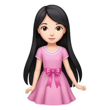 Beautiful girl with very long straight flowing black hair with small waves only at the ends, brown eyes, light skin, slight smile, pink ribbon in hair, and pink dress sticker