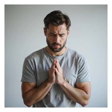 realistic 30-year-old man suffering from anxiety, hands nervously clasped, anxious expression, light background sticker