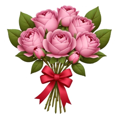 Bouquet of pink flower like rose and peony wrapped in kraft paper with red bow sticker