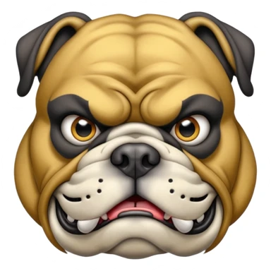 Create a fierce bulldog head emoji facing forward.
Strong jaw, deep wrinkles, and an intense scowl.
slight underbite with two visible fangs.
Blk & Gold gray fur with bold highlights and shading for depth.
Add a thick spiked collar (red or black) with shiny metallic spikes.
 sticker