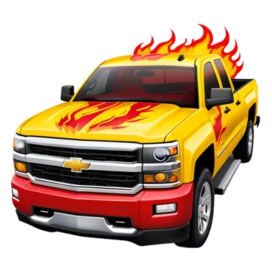 Yellow Chevrolet Silverado with elaborate airbrushed red flame pattern on hood and front quarter panels, screen-accurate Kill Bill truck artwork, 30-degree angle, iOS emoji style sticker