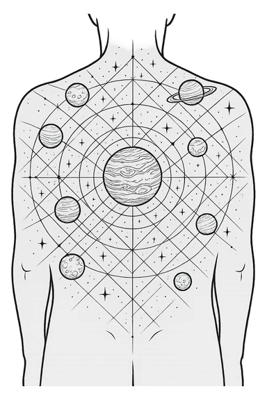 a design for an immersive back tattoo, showing linework of galactic planets and a glalactic ley lines matrix map. black linework sticker
