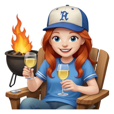 Laughing redhead with long hair and blue eyes wearing baseball cap holding white wine sitting in chair beside fire pit sticker