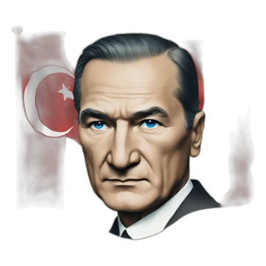 a portrait of mustafa kemal ataturk with blue eyes looking at turkey flag sticker