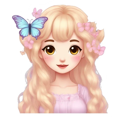 Cute kawaii gorgeous pretty anime cartoon pastel lady with butterflies and beautiful hair fairycore cottagecore sticker