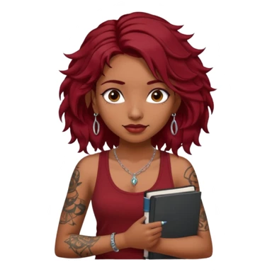a pretty tan indian bratz girl with messy dark wavyred hair, wearing a dark red tank top, layered silver necklaces. Carrying multiple sketchbooks and pens, tattoos on arm sticker