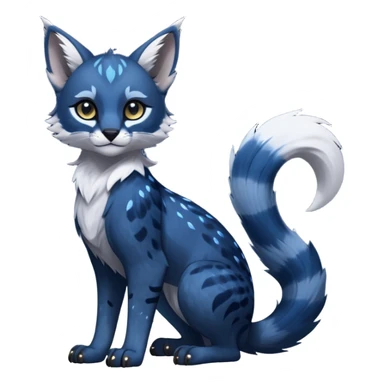 Cute kawaii cool edgy badass  glossy midnight-blue fur with silver starlight dusting fantasy-caracal-civet-genet-sergal-vernid-Gryphon-Cacomistle-Trico-oncilla-animal-Fakémon-hybrid-fursona (full body), facial markings, (realism style) sticker