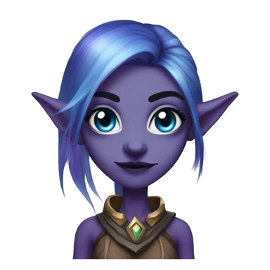 night elf female whom world of warcraft with white sclera eyes, purple skin, blue hair, long eyebrows and ears, blue eyemask sticker