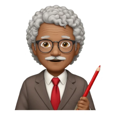 old man teacher, brown skin, curly grey white hai, wearing glasses, brown suit, red tie hold chalk on hand sticker