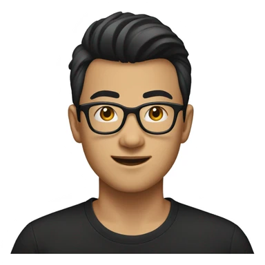 25 year old Asian male with glasses and pompadour hair, black tshirt sticker
