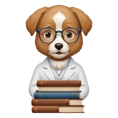 Wise dog with glasses, wearing a lab coat, perched on a stack of books. sticker