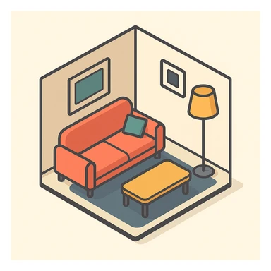 apartment interior isometric, modern style, bright colors, minimal furniture sticker