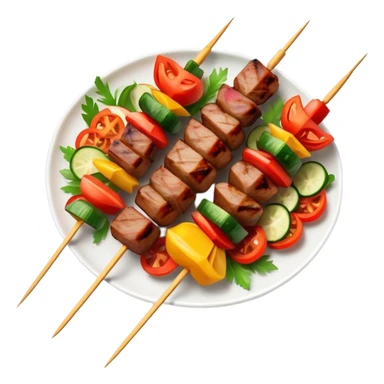 Cinematic Realistic Shish Kebab Dish Emoji, showcasing skewered, grilled meat with vibrant vegetables rendered with dynamic textures and warm, inviting lighting. sticker