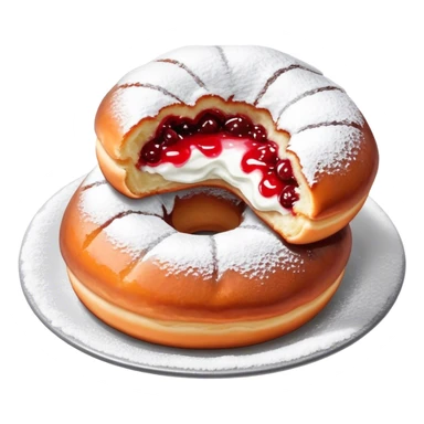 Pączki with powdered sugar on top and a bite taken out showing red filling sticker