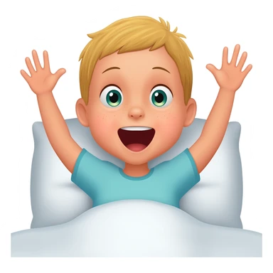 3 year old blonde boy with green-blueish eyes waking up from bed, raising both arms up and yawning. No tears. No scared face, he looks sad! Make the boy happy sticker