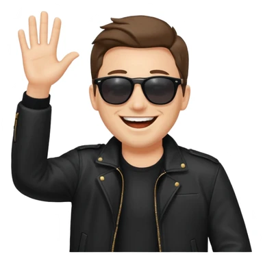 happy man with sunglasses, laughing, waving, black jacket sticker