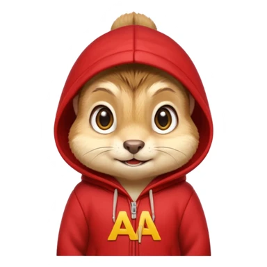 Portrait of a cute cartoon chipmunk with light brown and beige fur, wearing a red hoodie no zip with a yellow 'A' on it, big round eyes, small nose, and a mischievous grin, front-facing, stylized in animated movie style sticker