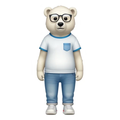 friendly anthropomorphised polar bear standing upright, looking relaxed, wearing a shirt, jeans, trainers, oversized multicolored extravagant glasses sticker