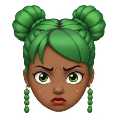 Create a 3D cartoon-style girl character with dark skin, round face, angry expression, big wide eyes, and tightly styled double buns made of green beaded hair. The girl should look irritated, eyebrows sharply angled, and lips pressed in a frown. sticker