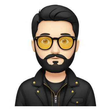 A man White middle long middle part black hair sunglasses with yellowish glasses And black jacket. Hipster black beard sticker