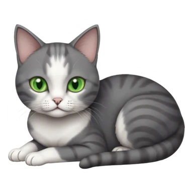 full body tiny short hair dark grey and white cat with white front legs and green eyes lying down sticker