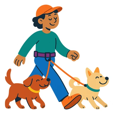 happy person walking two dogs with organized leashes, wearing a multifunctional collar adjusted to the waist, hands free, feeling of tranquility and order, vibrant and friendly style sticker
