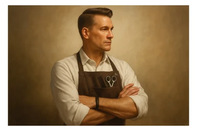 shu pozada turgan faqat chap tarafga qarab turgan sartarosh ustani tasvirlab ber realistik uslubda yoshi kattaroq soqol shart emas sticker