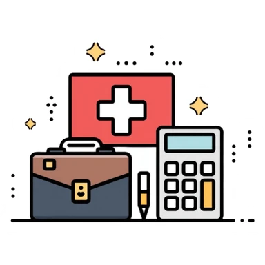Swiss financial advisor with Swiss cross symbol, briefcase and calculator sticker