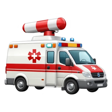 A modern white-and-red ambulance van with flashing rooftop siren.
 sticker