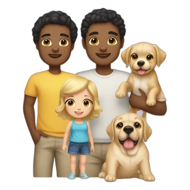 A familia husband and wife black hair a boy of 7 with blond hair another boy of 5 with black hair a baby girl 14 month with blond curly hair, a yellow Labrador and a white pugg sticker