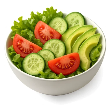 vibrant salad with lettuce, tomato, cucumber, and avocado slices in a minimalist white bowl, emphasis on freshness and color sticker