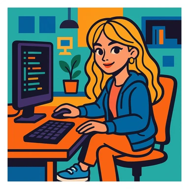 Sabrina Carpenter as a programmer, sitting at a computer, casual tech attire, confident expression, modern workspace, vibrant colors sticker