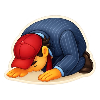 Modify the emoji so the man’s hand is clearly visible while he is kneeling down and bowing deeply to the ground, with arms and forehead touching the floor, in an 80% realistic, clear, bold, and expressive emoji style. sticker
