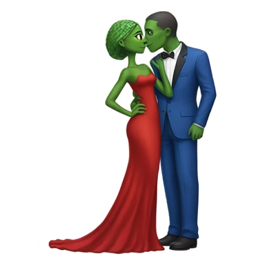 Beatiful tall green skin female reptilian in red dress, kissing white man in blue dress, full figure, full body sticker
