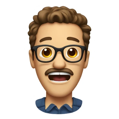 A man screaming and laughing, brown hair glasses and mustache sticker