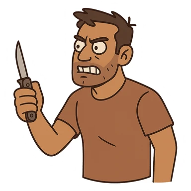 hombre con piel moreno clara, navaja en la mano, estilo flat toon sticker